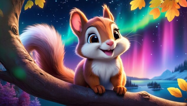 Super Cute Baby in Night Sky Adventure, Cute baby squirrel in the tree with a smiling face, Cute baby animals for kid's room wall art decorations, Cute beautiful baby animals wallpapers