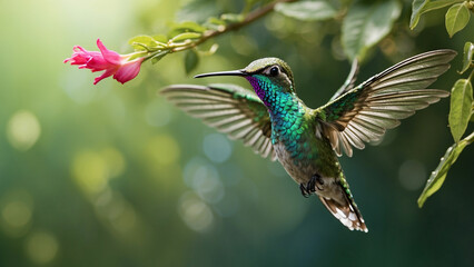 Obraz premium Delicate ballet of a hummingbird as it hovers and then gracefully lands on a slender branch and its iridescent feathers catching the sunlight against a lush green backdrop of nature