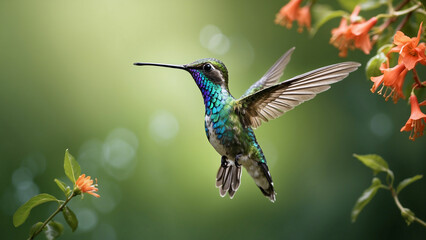 Fototapeta premium Delicate ballet of a hummingbird as it hovers and then gracefully lands on a slender branch and its iridescent feathers catching the sunlight against a lush green backdrop of nature