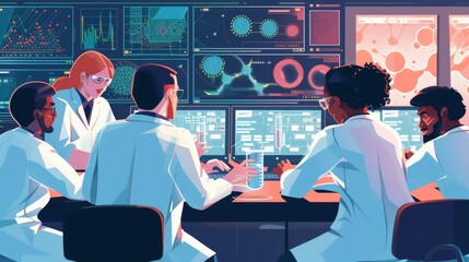 Nanotechnology Team Analyzing Data in High-Tech Laboratory