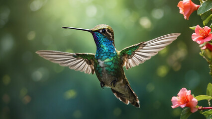 Obraz premium Delicate ballet of a hummingbird as it hovers and then gracefully lands on a slender branch and its iridescent feathers catching the sunlight against a lush green backdrop of nature