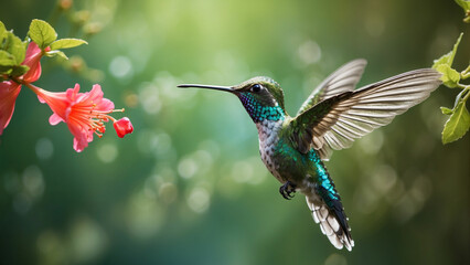 Fototapeta premium Delicate ballet of a hummingbird as it hovers and then gracefully lands on a slender branch and its iridescent feathers catching the sunlight against a lush green backdrop of nature