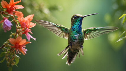 Obraz premium Delicate ballet of a hummingbird as it hovers and then gracefully lands on a slender branch and its iridescent feathers catching the sunlight against a lush green backdrop of nature