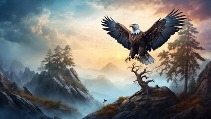Mystical Landscape Composition with eagle and tree