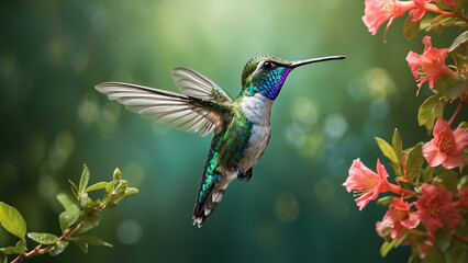 Delicate ballet of a hummingbird as it hovers and then gracefully lands on a slender branch and its iridescent feathers catching the sunlight against a lush green backdrop of nature