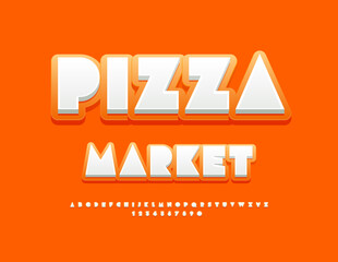 Vector advertising Poster Pizza Market.  Trendy style Font. Unique Alphabet Letters, Numbers and Symbols set.