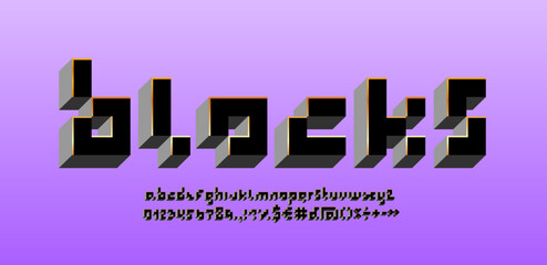 3d Pixel font, alphabet made in dark box style, geometric letters and numbers made gold line style, vector illustration 10eps