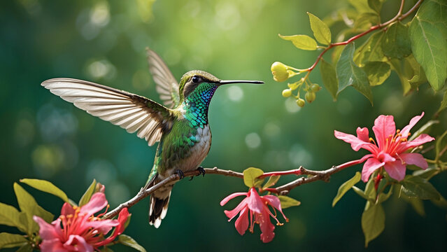 Delicate ballet of a hummingbird as it hovers and then gracefully lands on a slender branch and its iridescent feathers catching the sunlight against a lush green backdrop of nature