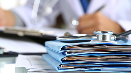 Medical Professional with Stethoscope Over Pile of Healthcare Documents