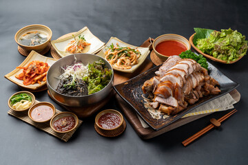 Korean food, jokbal, pork, pork feet, bossam, boiled pork, side dishes, kimchi, steam, marinade,...