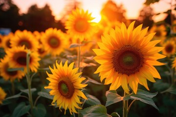 Fototapeta premium Sunset Embrace: A Lush Field of Sunflowers Under Golden Skies - Generative AI