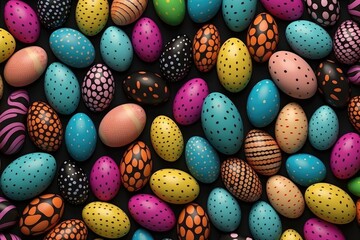 Fototapeta na wymiar Assorted Hand-Painted Easter Eggs on Dark Background - Generative AI