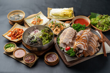 Korean food, jokbal, pork, pork feet, bossam, boiled pork, side dishes, kimchi, steam, marinade,...