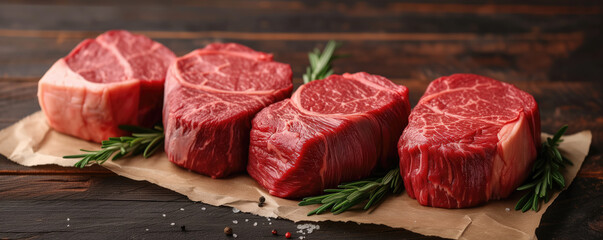 Variety of fresh black angus prime raw beef steaks