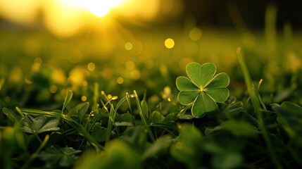 Four Leaf Clover in Grass at Sunset, A Symbol of Luck and Serenity