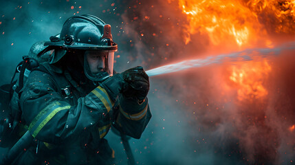 Obraz premium Confident fireman putting out big fire
