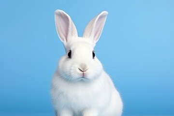 Adorable White Rabbit with Fluffy Fur Against Blue Backdrop - Generative AI