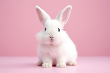 Obraz premium Adorable White Rabbit with Soft Fluffy Fur on Pink Canvas - Generative AI