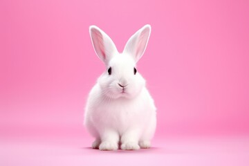 Adorable White Rabbit with Soft Fluffy Fur on Pink Canvas - Generative AI