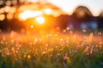 Warm Sunlight Bathing Peaceful Grass Field at Sunset - Generative AI