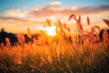 Warm Sunlight Bathing Peaceful Grass Field at Sunset - Generative AI