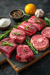 Variety of fresh black angus prime raw beef steaks