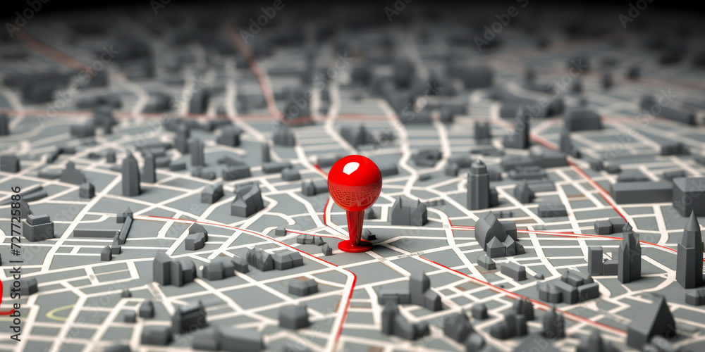Poster conceptual 3d city map with red location pin marker highlighting destination on a detailed grey urba