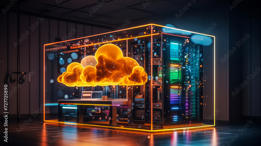 Poster conceptual visualization of cloud computing with neon cloud design and server rack, highlighting dat