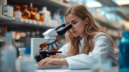 female researcher examines microscopic samples in a laboratory. Young woman Researcher Analyzing Samples Under Microscope