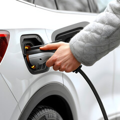 A close-up of hands plugging an electric car into a charging station isolated on white background, realistic, png
