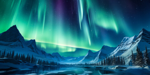 Breathtaking Aurora Borealis Display Over Snow Covered Mountains in a Pristine Arctic Wilderness Under a Starry Sky