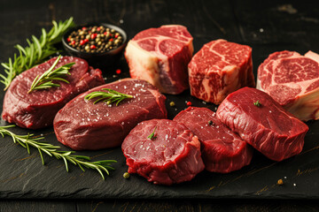 Variety of fresh black angus prime raw beef steaks - Powered by Adobe