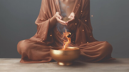 Hands of a spiritual medicine woman burning medicinal herbs in a bowl; sacred ritual fire for purification and healing of soul and body. natural preparation of a shaman healer, for holistic healing - obrazy, fototapety, plakaty