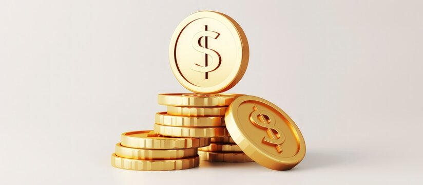 Stack of gold dollar money coins with cartoon minimal style on white background. Generated AI image