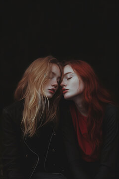 Affection of a couple of teenage friends on black background. Two girls together in a dramatic, emotional females friendship pose. Romance and sibling concept. Female friendship, nostalgic sentiment.