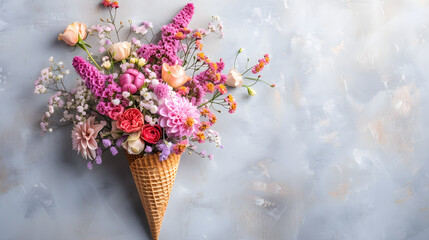 Beautifu flowers in a waffle cone on an isolated light background, top view