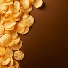 Pile of crispy golden potato chips on wooden background.