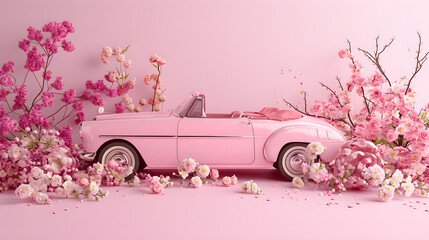 Pink women's car on a pink background with sakura - obrazy, fototapety, plakaty