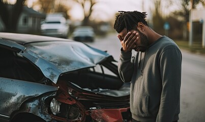 Sad man after a car accident holding his head. Car accident on the street, damaged car on background
