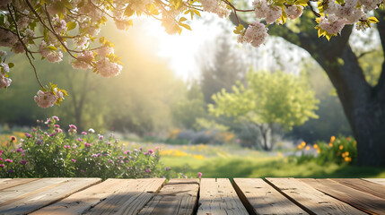 Background with a view of a blooming morning garden and a wooden table and sun rays
