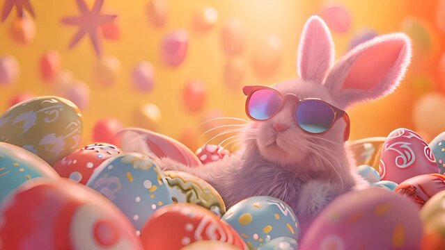 conejo de dibujos animados rosa con gafas de sol tumbado y rodeado de huevos de pascua pintados de diferentes colores, sobre fondo desenfocado decorado con huevos de pascua, concepto  celebraciones