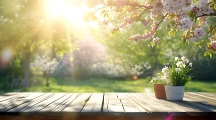 Background with a view of a blooming garden and a wooden table and the rays of the sun