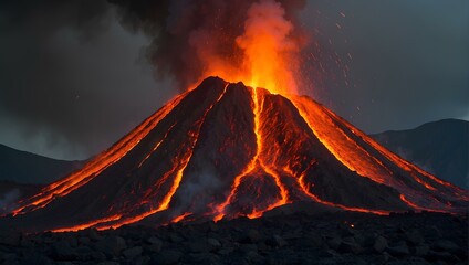 The mesmerizing sight of a volcanic eruption, as lava cascades down the mountainside, painting the landscape in shades of red and orange