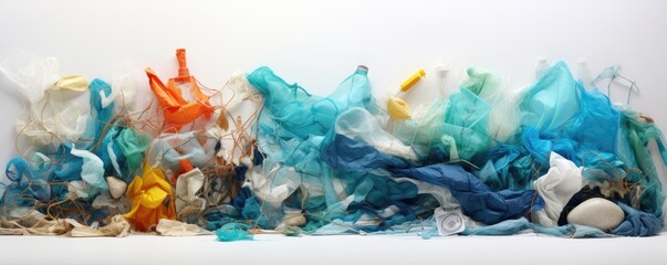 A lot of plastic bottles and other plastic waste materials. Water pollution theme by plastic material - obrazy, fototapety, plakaty