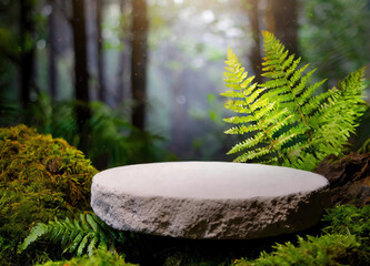 Flat stone podium in the magical forest , empty round stand for product or presentation mock-up.