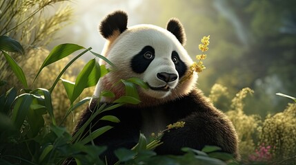Close-up of a beautiful panda eating bamboo in the forest, Generative AI