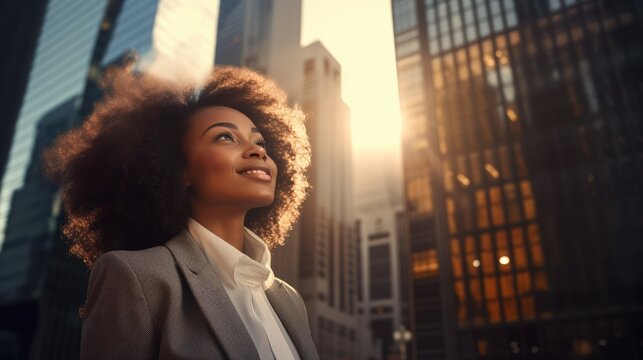  urban city and black woman for travel, fashion influencer and outdoor journey in street with natural afro hair. Walking, carbon capture and freedom, happy and young person on road in portrait