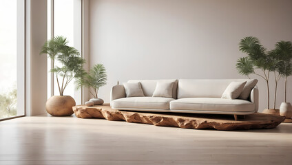 Fototapeta na wymiar A serene empty room with minimalist decor, featuring natural materials and tranquil ambiance in a 3D render.