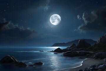 Moonlit night with stars shining brightly over a calm seascape - obrazy, fototapety, plakaty