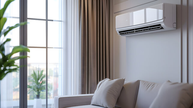 A air conditioner hangs on the wall in a bright room and cools the room